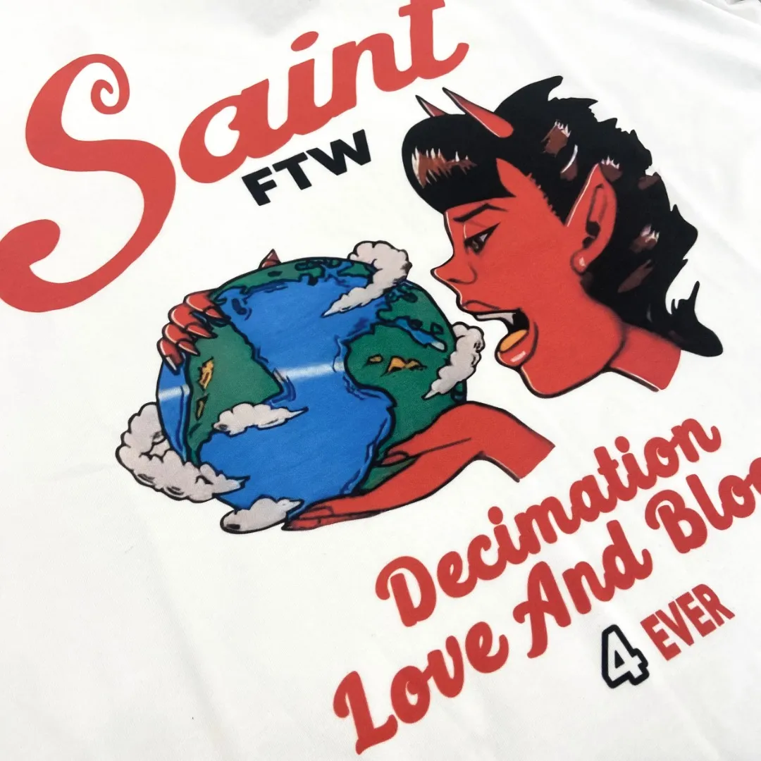 Saint michael devil print old retro Vintage loose short-sleeved T-shirt with digital white ink direct printing, the fabric is breathable and the pattern is three-dimensional and clear. Fabric: Double yarn 240g Style number: S928 Size: S-M-L-XL Color: White Price: P110